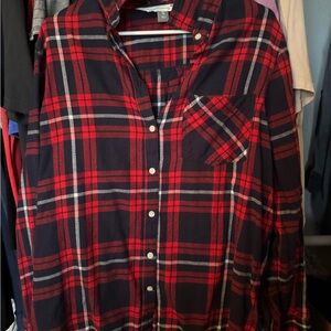 Red and Navy Plaid Button-Up Shirt